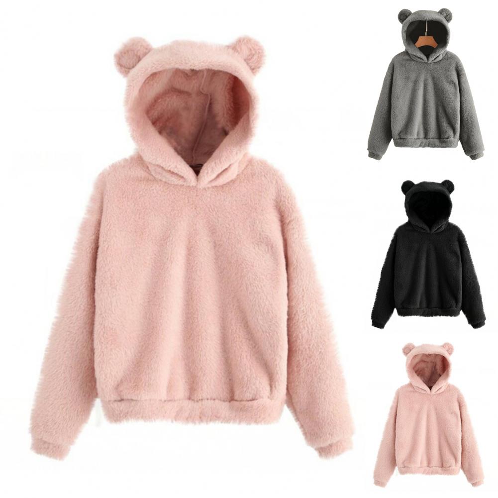 Autumn Winter Women's Hoodies Winter Women Long Sleeve Rabbit Ear Hood Sweatshirt Cute Plush Warm Casual Hoodie Tops