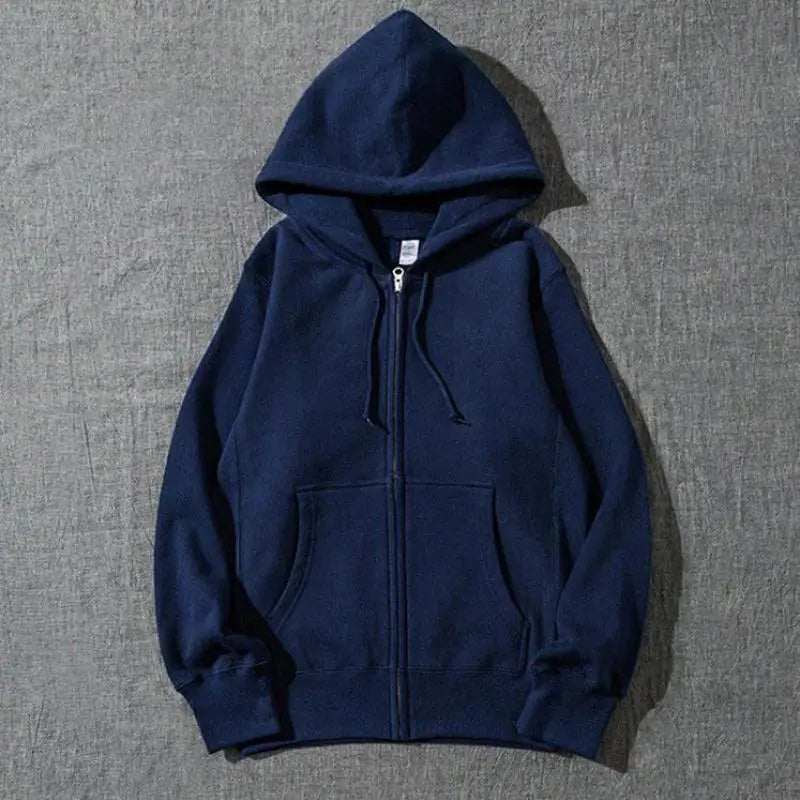 Good Quality Zip Hooded Women Sweatshirt Navy Blue Cotton Casual Street Wear Loose Spring Autumn Solid Color Hoodie Jacket