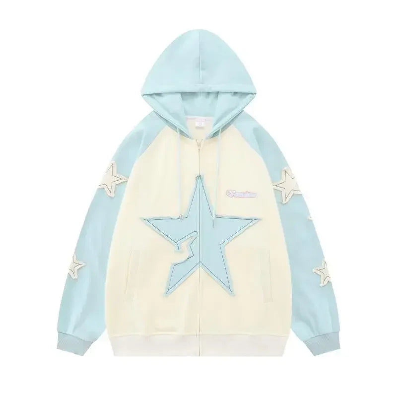 Japanese Sweet Loose Embroidered Star Jacket Spliced Sky Blue Hoodie Campus Style Fall New Women's Cardigan Jacket Clothes