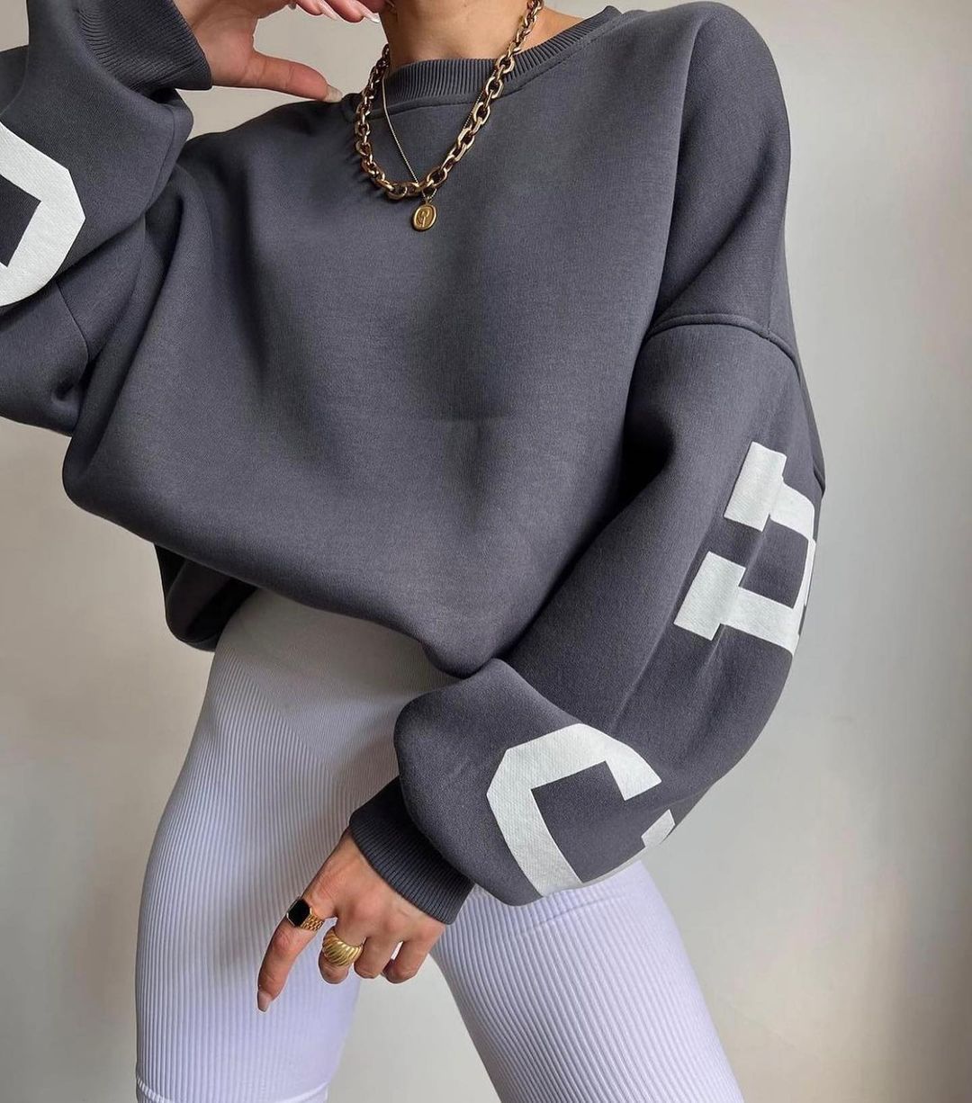 Women Grunge Loose Pullover Sweatshirts Back Letter Print Casual Thickened Long Sleeve Tops Autumn Streetwear