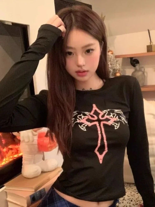 HOUZHOU Grunge Vintage Streetwear Hoodie Women American Retro Gothic Y2k Harajuku Cross Print Slim Sweatshirt Aesthetic 2023