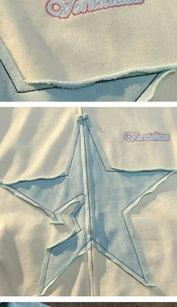 Japanese Sweet Loose Embroidered Star Jacket Spliced Sky Blue Hoodie Campus Style Fall New Women's Cardigan Jacket Clothes