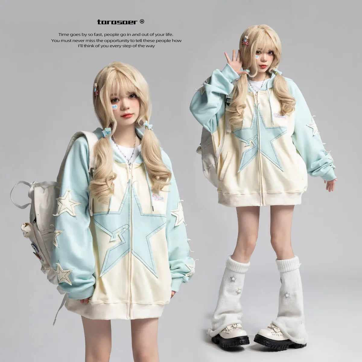 Japanese Sweet Loose Embroidered Star Jacket Spliced Sky Blue Hoodie Campus Style Fall New Women's Cardigan Jacket Clothes