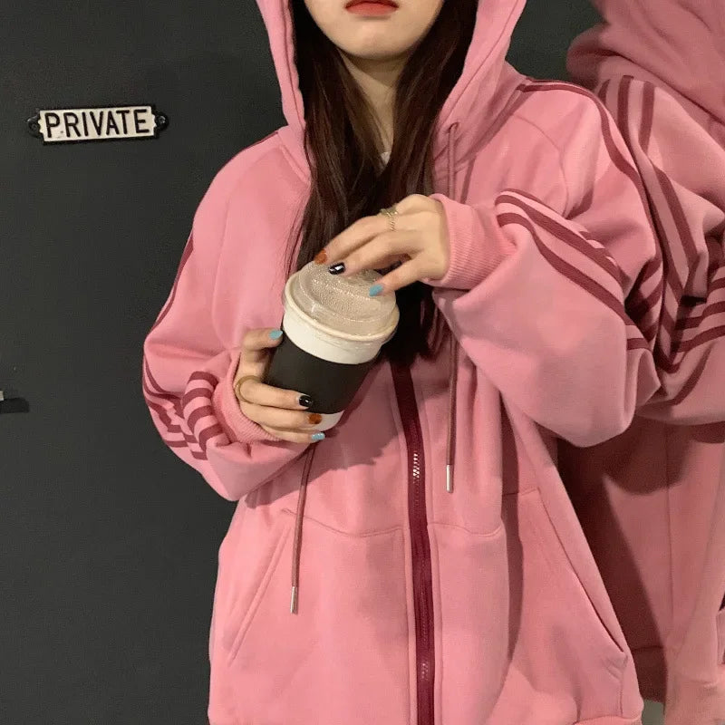 Chic Fleece-lined Thickened Hooded Sweatshirt For Women Winter Loose-fit Zip-up Top Student Jacket