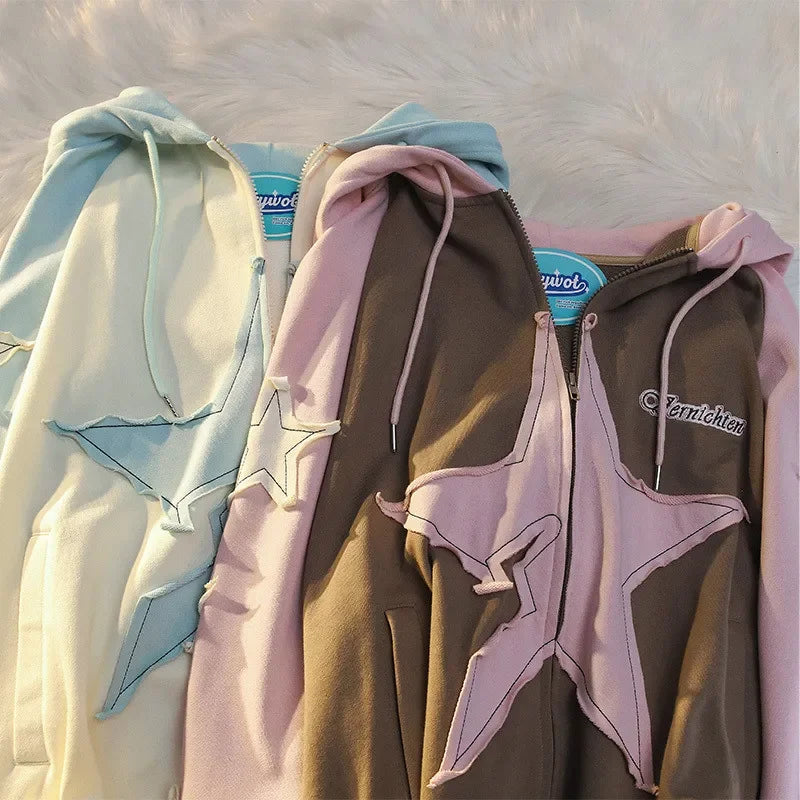 Japanese Sweet Loose Embroidered Star Jacket Spliced Sky Blue Hoodie Campus Style Fall New Women's Cardigan Jacket Clothes