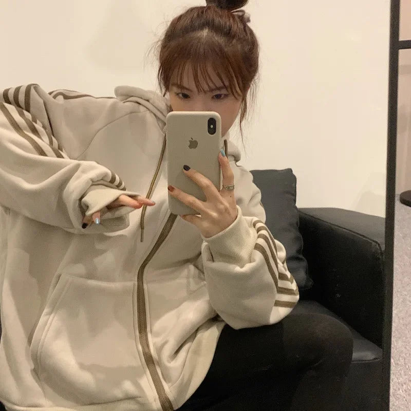 Chic Fleece-lined Thickened Hooded Sweatshirt For Women Winter Loose-fit Zip-up Top Student Jacket